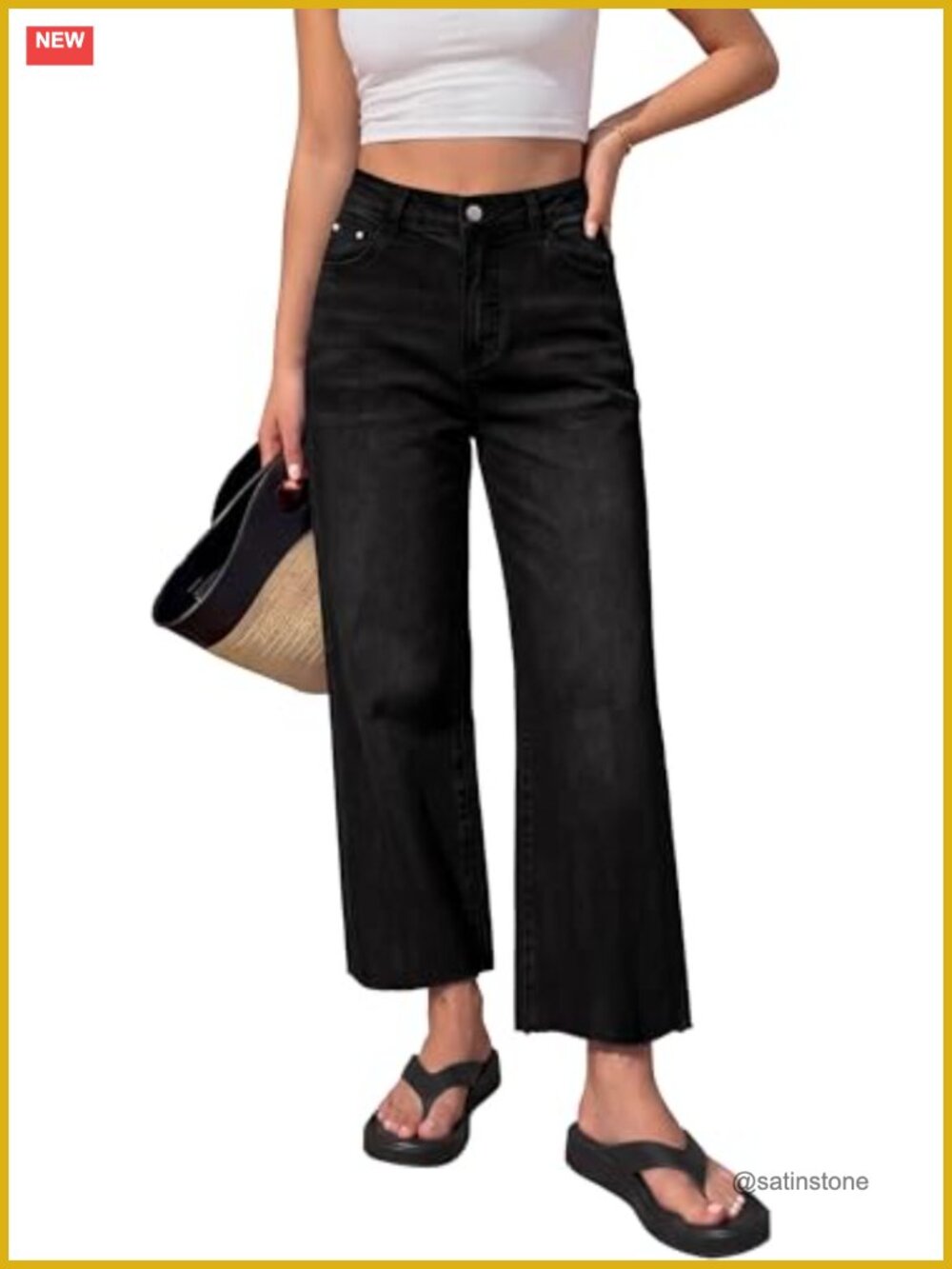 High Waisted Straight Leg Cropped Jeans Raw Hem Button Fly Stretch Denim